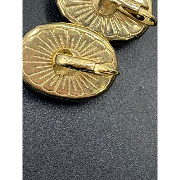 Emmons Vintage Cobalt Blue Oval Cabochon Gold Tone Scallop Clip Earrings - Picture 7 of 12